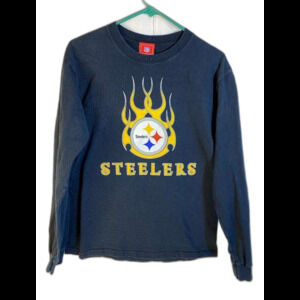 NFL Pittsburgh Steelers Long Sleeve Medum T-Shirt Flames Logo Crew Neck Black